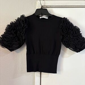 Zara Black Blouse Sheer Puff Bubble Sleeves Ruffle Top Small Bolero Statement